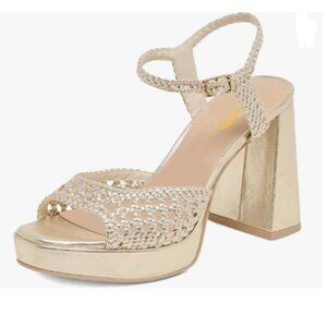 XYD Gold Block Wide Heels Open Toe Platform Woven Buckled Ankle Straps Sandals